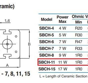 ابعاد مقاومت آجری 68 اهم 11W ایستاده پکیج SBCH11